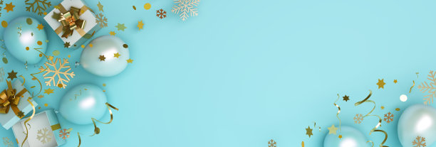 冬季抽象设计创意概念，礼盒，气球，雪花图标五彩纸屑闪闪发光的蓝色背景。图片下载