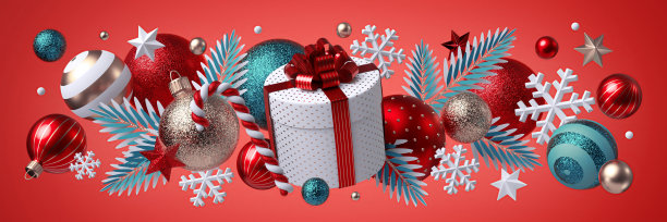 3d圣诞饰品孤立在红色背景。节日水平边界。圆形礼盒，蓝色玻璃球，星星，雪花，冷杉树枝，糖果手杖。寒假剪贴画。季节性装饰。图片下载