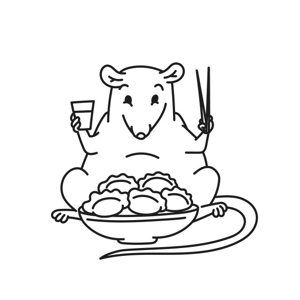 老鼠可爱的老鼠吃筷子传统中国新年菜和喝酒精饮料矢量轮廓黑白色卡通孤立插图。图片下载