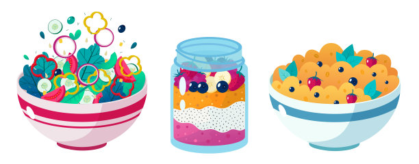 一套四个美丽的健康食物矢量插图:浆果冰沙，蔬菜沙拉，奇亚种子布丁，燕麦杯茶。图片下载