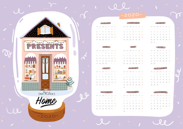 墙上的日历。2020年度计划与所有月。图片下载