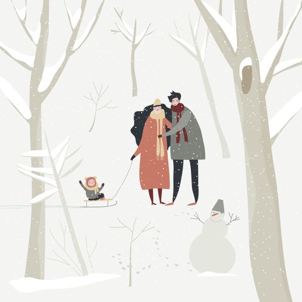 卡通快乐的一家人在冬天的森林里散步图片下载