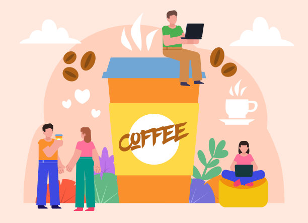 咖啡爱好者的概念。一群人站在大咖啡杯旁边，喝着，享受着图片下载