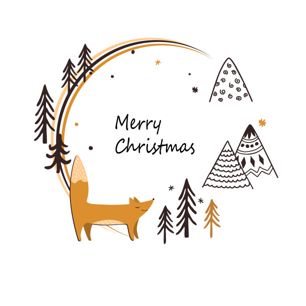 圣诞时尚卡片可爱的狐狸，涂鸦山，和树。圆形框架孤立在白色。画素描。矢量图图片下载