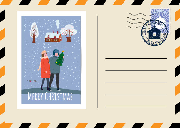 圣诞和新年明信片，附有邮票和标记。相爱的年轻夫妇扛着圣诞树回家。平面卡通风格矢量插图贺卡海报横幅图片下载