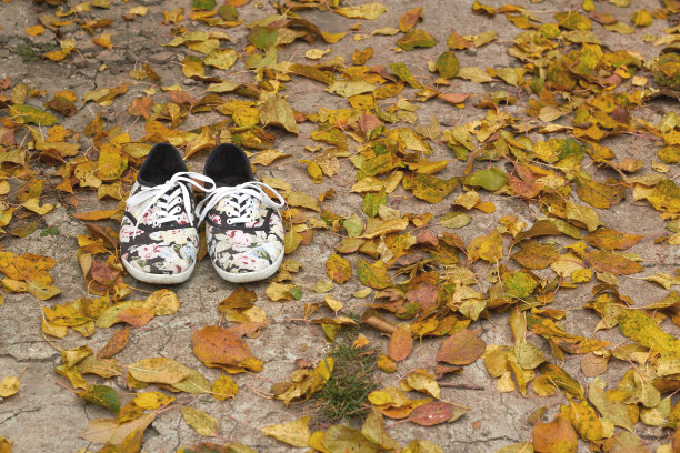 悲伤的心情随着秋天的到来，鞋上的落叶成了背景。秋天到来的概念。图片下载