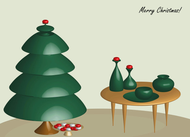 室内家庭场景与圣诞树和绿色装饰花瓶插图图片下载