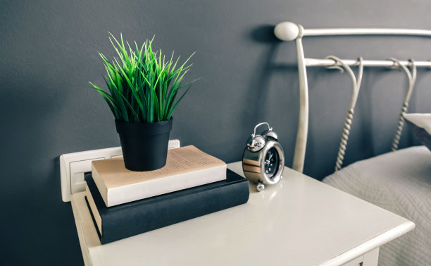 床头柜上放着书和植物图片下载