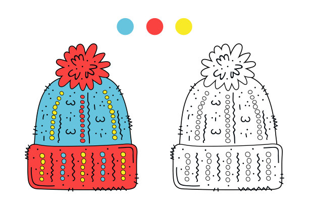 彩色页面轮廓的卡通可爱羊毛针织帽。图片下载