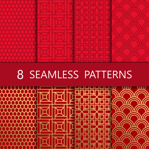 一套金色的中国无缝模式，矢量插图素材图片