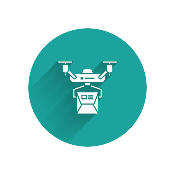 白色无人机交付概念图标孤立与长影子。携带包裹的四旋翼飞行器。交通、物流的概念。绿色圆圈按钮。矢量图图片下载