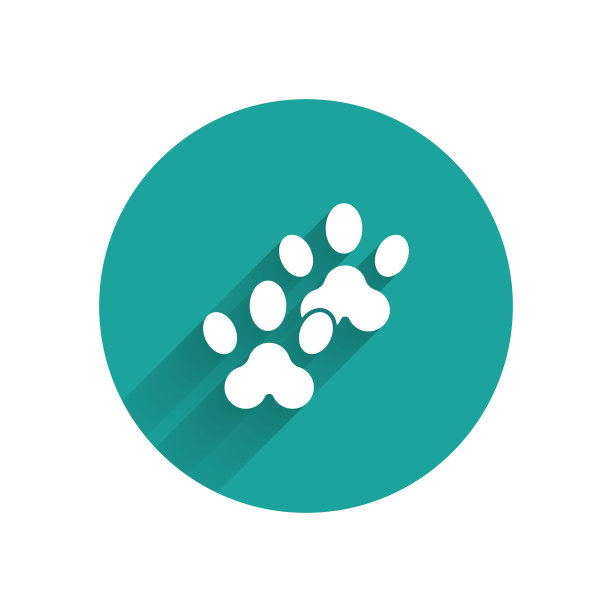 白色爪印图标孤立与长影子。狗或猫的爪印。动物跟踪。绿色圆圈按钮。矢量图图片下载