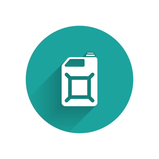 白色罐汽油图标隔离与长阴影。柴油气体图标。绿色圆圈按钮。矢量图图片下载