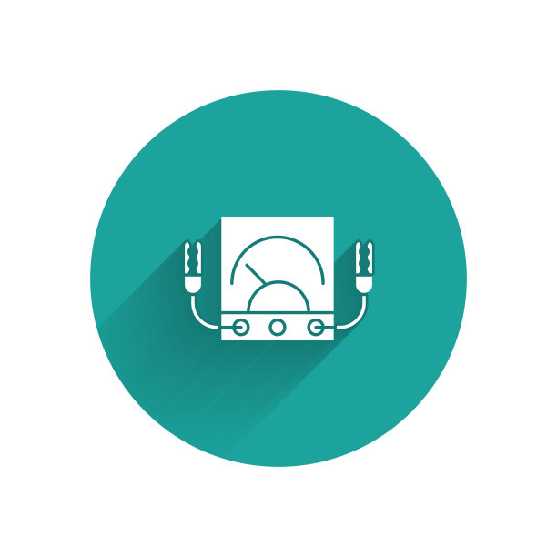 白色安培表，万用表，电压表图标隔离与长阴影。电流测量仪器。绿色圆圈按钮。矢量图图片下载