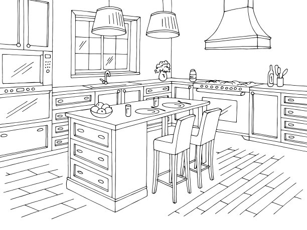 厨房房间图形黑白色家庭室内素描插图矢量图片下载