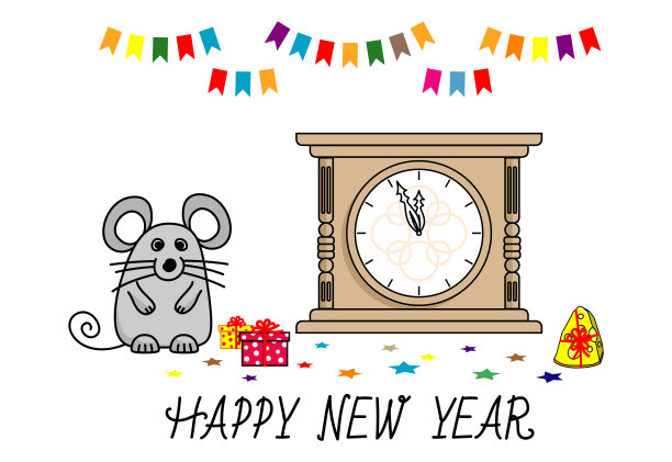 新年祝福语，可爱的鼠标和时钟。有趣的卡通圣诞卡片。孤立的插图白色背景。中国2020年新年。向量图片下载