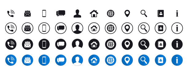名片图标收集。联系人信息图标设置。网络的图标集。捆绑集合的联系我们图标。信息矢量符号和不同风格的符号。矢量设计图片下载