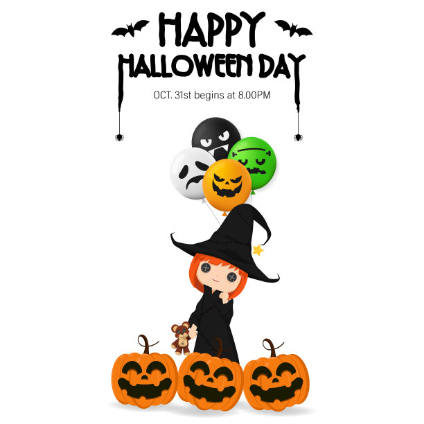 万圣节快乐。假日概念与恐怖的角色，可爱的小女孩穿着女巫服装和南瓜微笑幽灵吓人孤立在白色背景与复制空间，向量图片下载