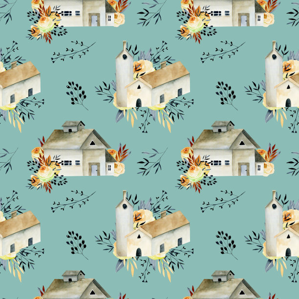 无缝水彩画的房子和教堂与花卉元素，手绘在一个深绿松石背景图片下载