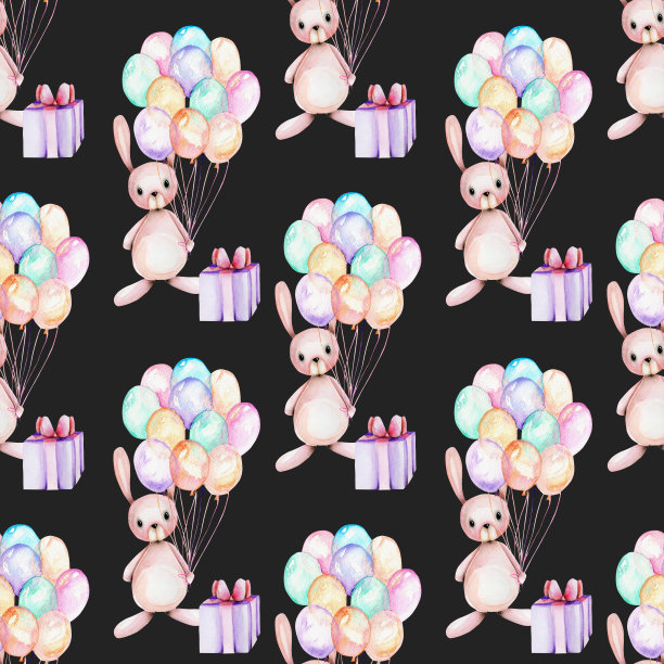 无缝水彩可爱的节日兔子，礼盒和气球插图，手绘在一个黑暗的背景图片下载