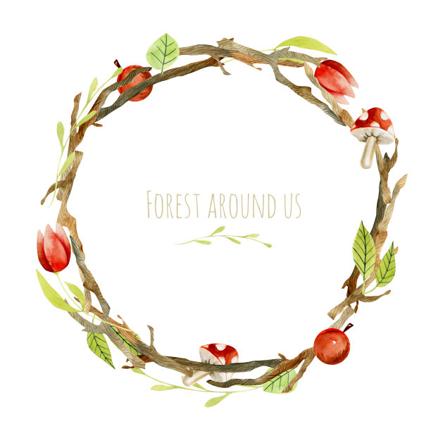 水彩花环的森林植物，树枝和树叶，手绘在一个白色的背景图片下载