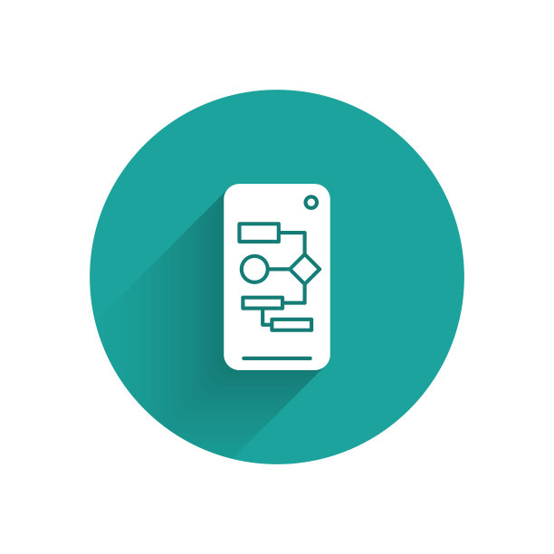 白色算法图标孤立与长阴影。来自人工智能集合的算法符号设计。绿色圆圈按钮。矢量图图片下载