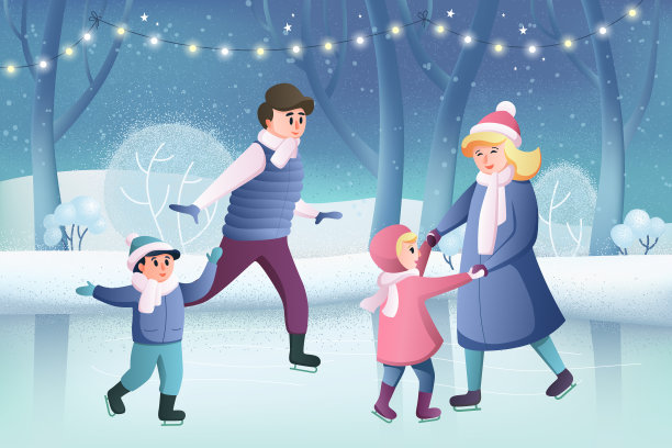 快乐的卡通人物，爸爸妈妈和他们的孩子在冬季公园滑冰，圣诞快乐，新年快乐。父母和孩子们。家人一起散步。冬季家庭乐趣图片下载