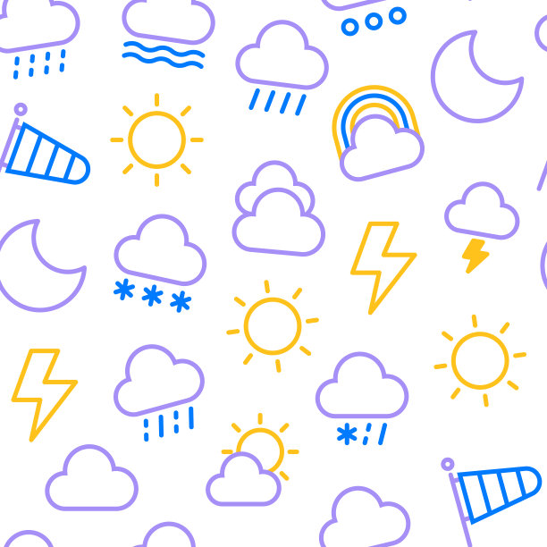 天气无缝模式。平面图标:雨、阴天、部分阴天、雾、雪、雷暴、冰雹、雨夹雪、彩虹。矢量插图的移动应用程序或小部件。图片下载