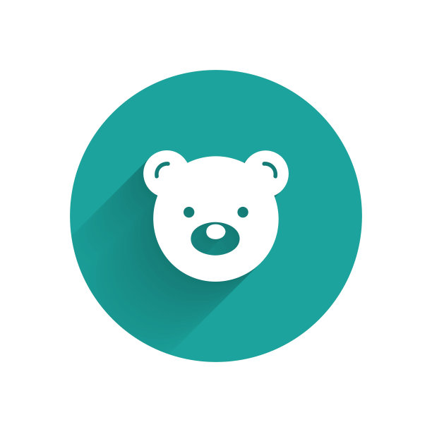 白色泰迪熊毛绒玩具图标孤立与长影子。绿色圆圈按钮。矢量图图片下载