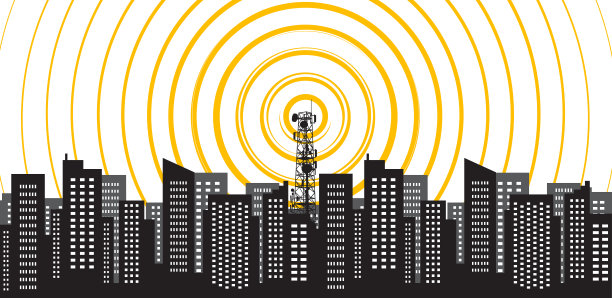 无线电塔辐射着这个城市。塔发射机5克。矢量图图片下载