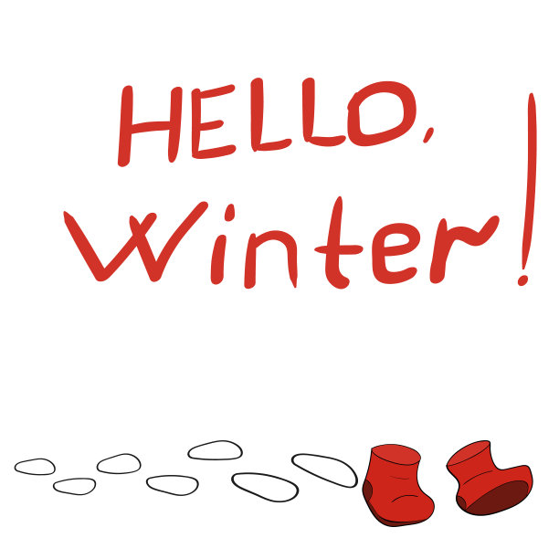 贺卡与冬季主题。短信“你好，冬天!”冬天的红鞋，雪地里的脚印。矢量插图风格的手绘或涂鸦。图片下载