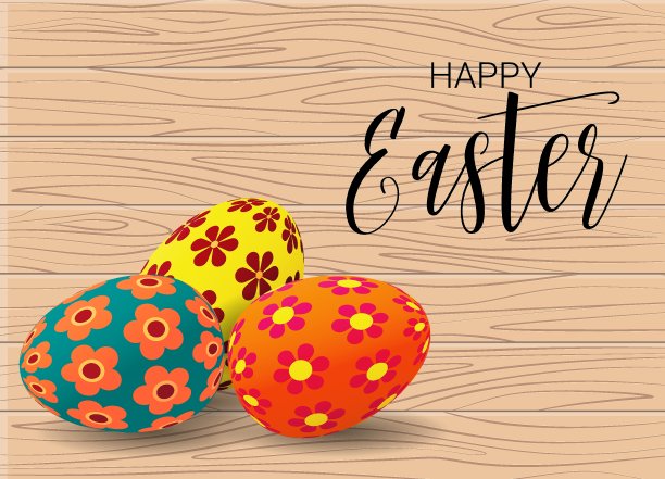 复活节快乐背景，横幅，框架，标题，贺卡设计。彩色的3d鸡蛋和木材背景上的文字。矢量图图片下载