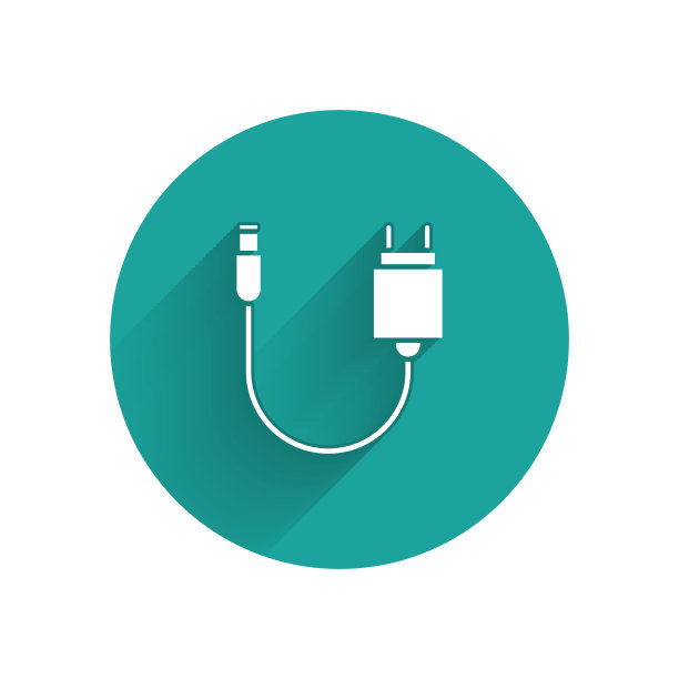 白色充电器图标孤立与长影子。绿色圆圈按钮。矢量图图片下载
