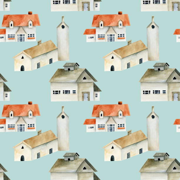 无缝图案的水彩欧洲古代房屋，手绘在一个蓝色的背景图片下载