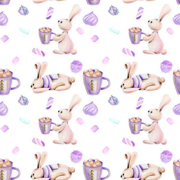 无缝图案与水彩可爱的兔子和棉花糖，手绘在白色的背景图片下载