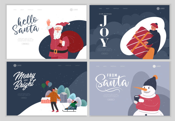 登陆页模板与圣诞假期户外集市或街道市场的城镇广场邀请卡。角色是在装饰好的摊位或亭之间行走的人们。新年假期图片下载