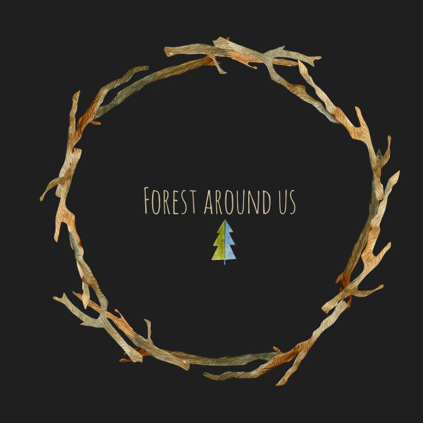 水彩干树枝花环，手绘在一个黑暗的背景图片下载