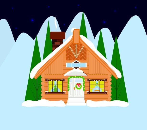 与世隔绝的圣诞小屋，山间森林的夜晚小屋。平的。向量图片下载