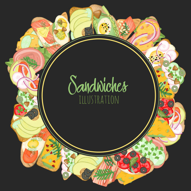 圆形标志模板的三明治与肉类和蔬菜，手绘在一个黑暗的背景图片下载