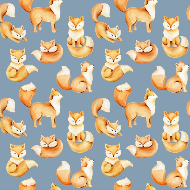 无缝模式的水彩可爱的狐狸，手绘在蓝色的背景图片下载
