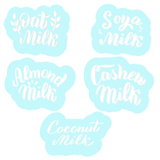 素食奶套装包装设计为杏仁，腰果，大豆，燕麦，椰奶。时髦的字母文本字体。包装，贴纸，横幅，标志孤立的白色背景。向量eps 10。图片下载