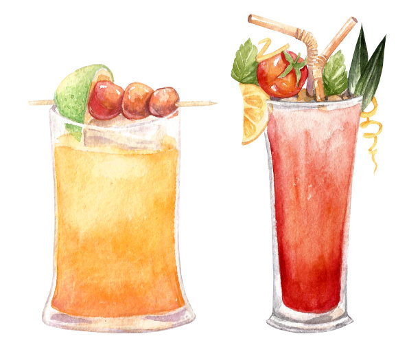 手绘水彩插图的鸡尾酒素材图片