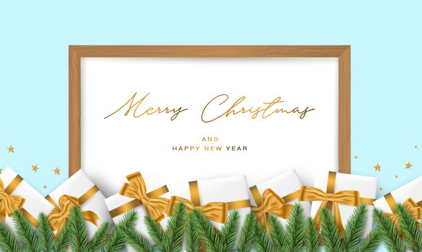 圣诞快乐和新年快乐传单或海报背景。木制框架上刻有金字的白板。绿色云杉树枝下的白色礼物。冬季假期矢量插图。图片下载
