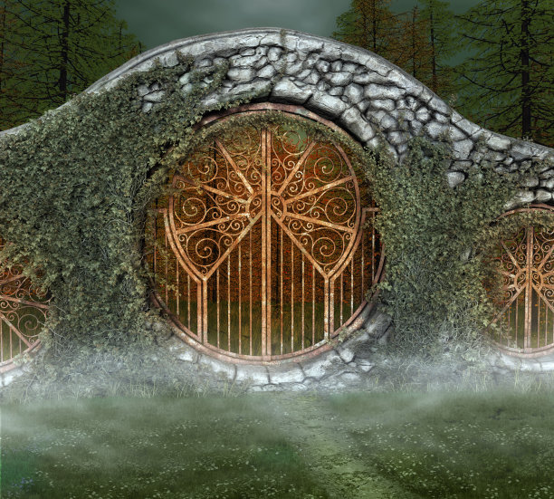 古老神秘的门在迷雾森林图片下载