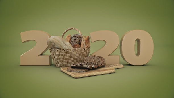 面包和卷概念2020年新年标志。三维渲染图片下载
