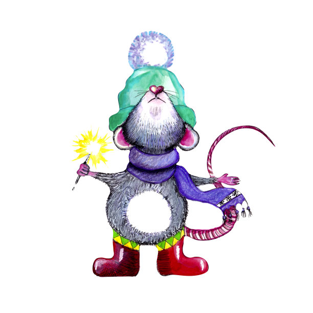 象征着即将到来的2020年老鼠戴着帽子，围着围巾，手里拿着一个烟花图片下载