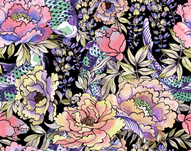 亚洲无缝图案有日本鲤鱼、中国樱花、东方扇日本花灯。用亚洲传统符号绘制水彩插图图片下载