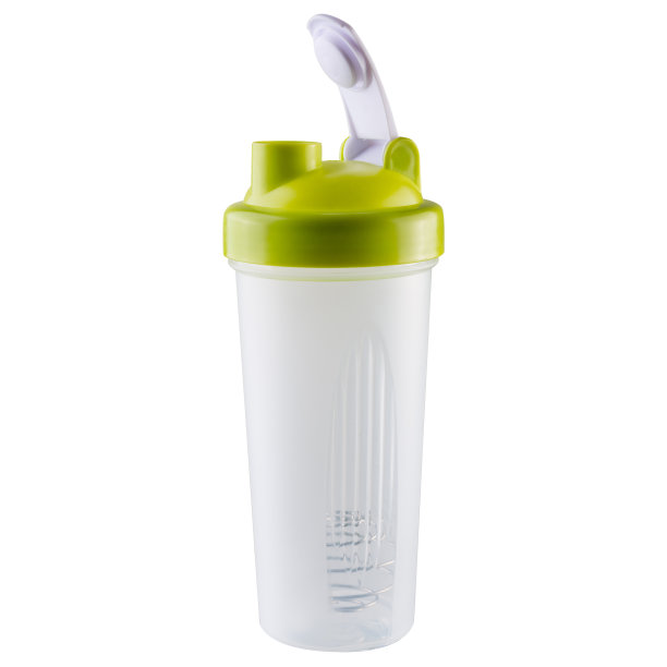 白色背景，绿色盖子的塑料容器，运动营养或鸡尾酒的调酒器图片下载