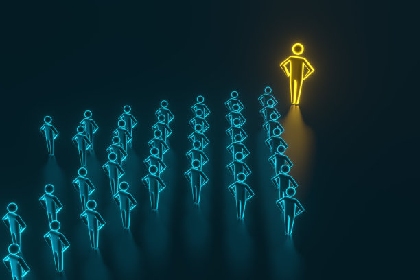 在成功高管团队面前的领导者。由站在他们面前的伟大领袖领导的成功高管团队。三维渲染图片下载