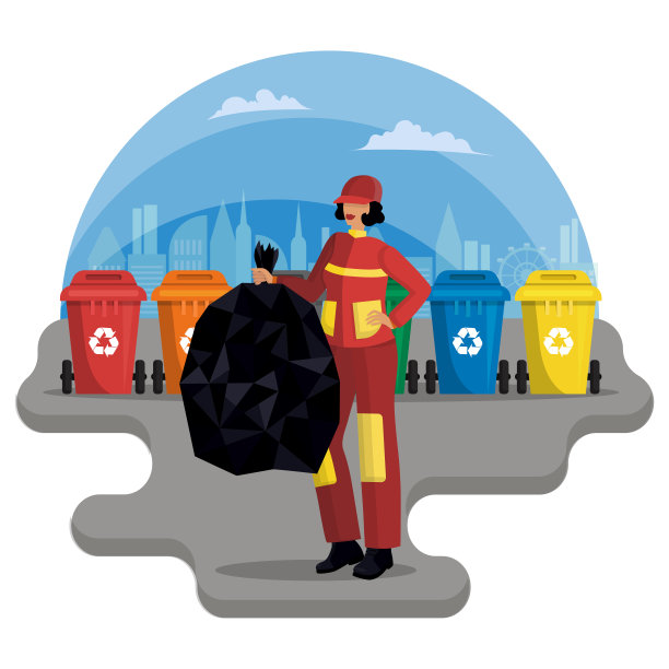 女清洁工，公用事业工人，穿着制服清扫街道，背景是装不同类型垃圾的集装箱图片下载